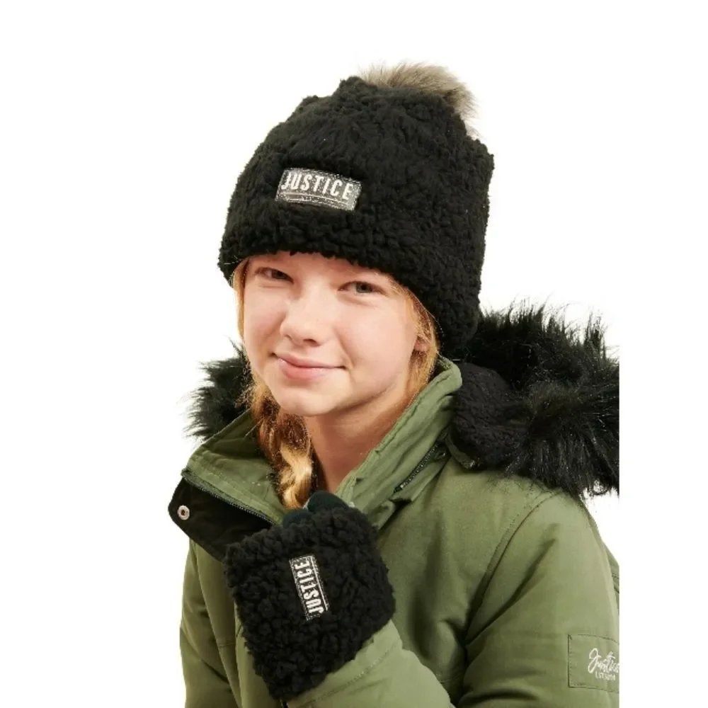 Justice Girls Beanie With Pom Pom & Gloves Winter Set
